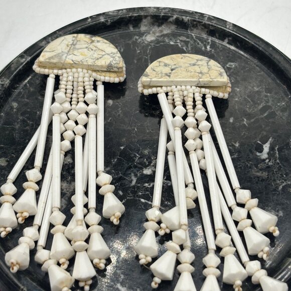 VTG Clip-On Earrings w/ White Marble & Sparkly Stone Beads Long Chandeliar - Picture 4 of 10